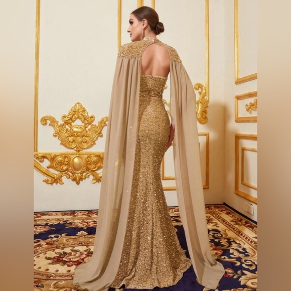 Elegant Long Champagne Draped Sequin Cape & Mermaid Dress Wedding Party Prom - Picture 2 of 8